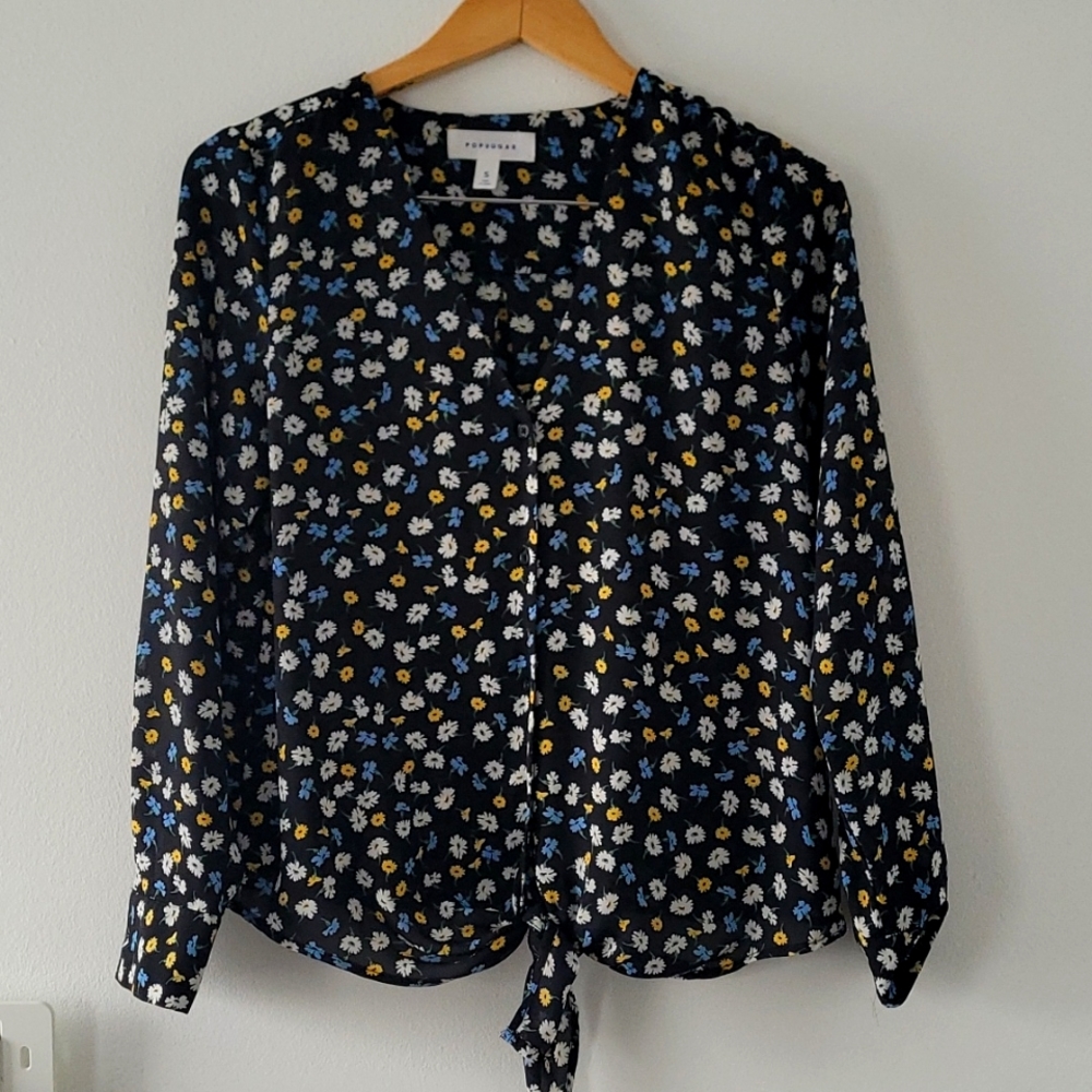 Popsugar Tie-Front Button Down Floral Blouse